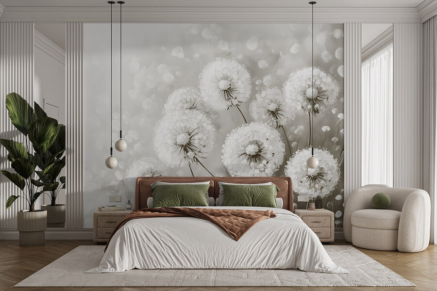Group of dandelions with white flowers