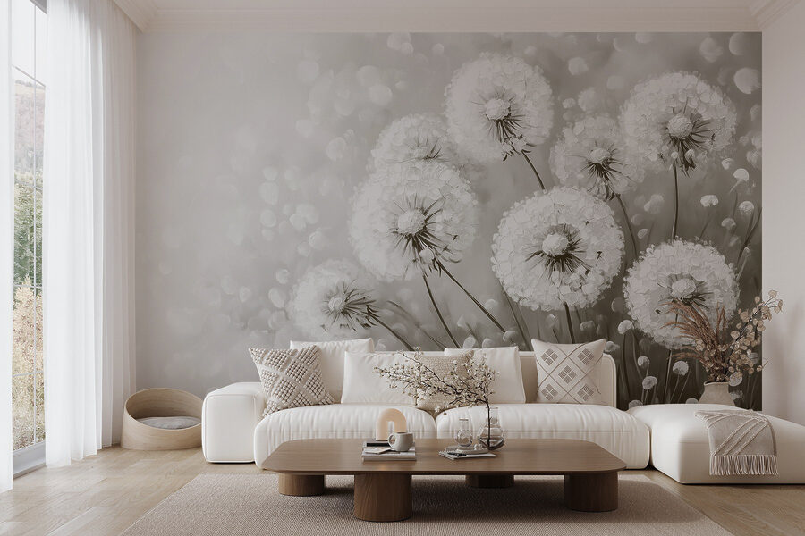 Group of dandelions with white flowers