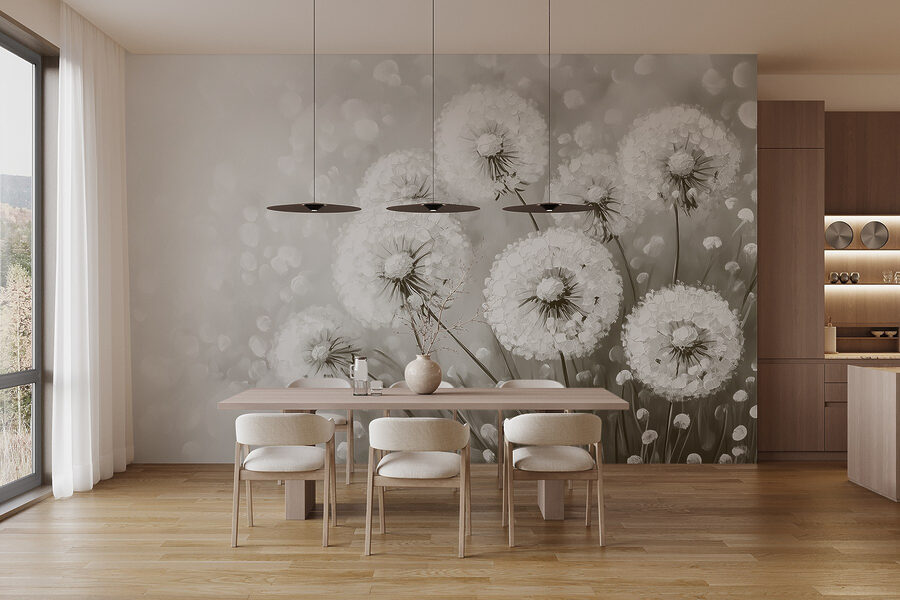 Group of dandelions with white flowers
