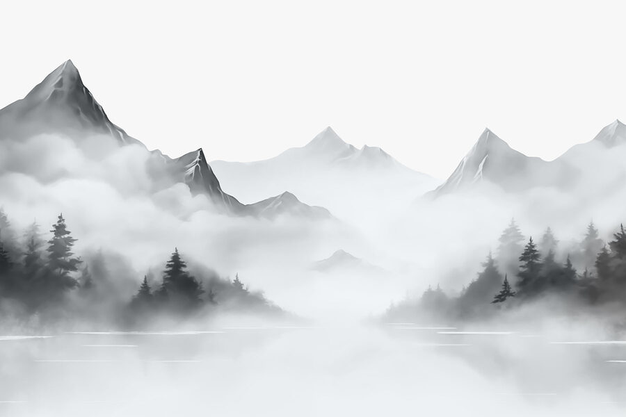 Wall murals Foggy mountain landscape with trees and mountains - Image 3