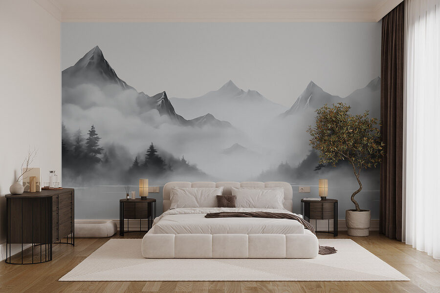 Wall murals Foggy mountain landscape with trees and mountains