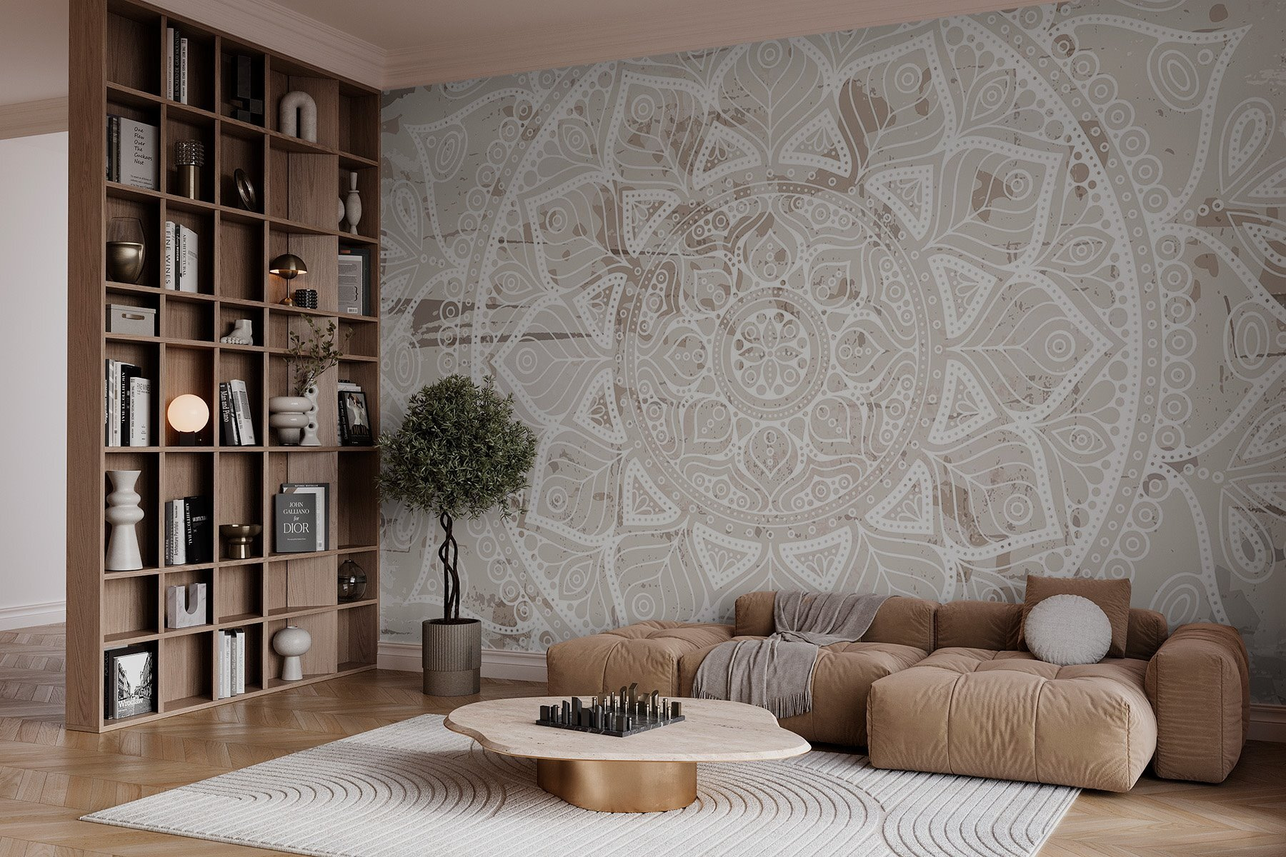 White mandala on a brown surface