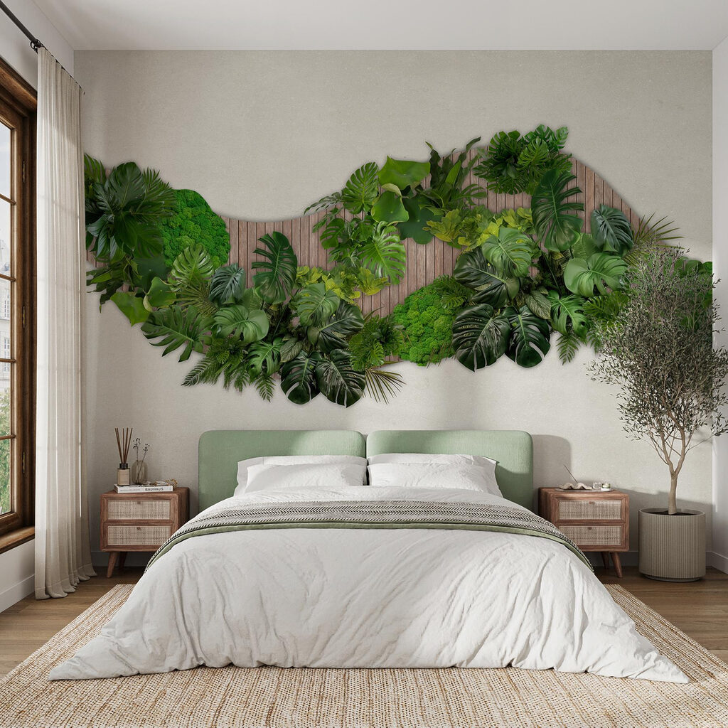 Group of green leaves on a wooden surface Group of green leaves on a wooden surface