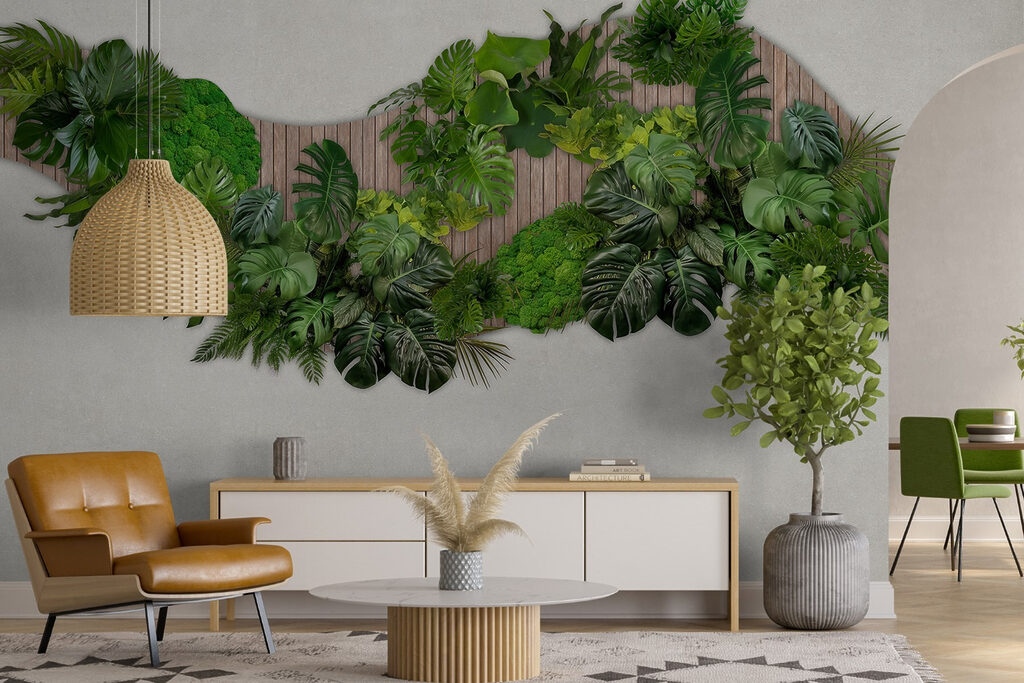 Group of green leaves on a wooden surface Group of green leaves on a wooden surface