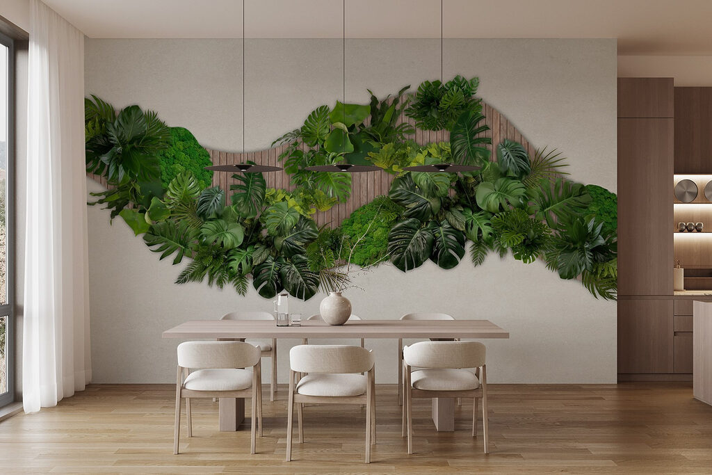 Group of green leaves on a wooden surface Group of green leaves on a wooden surface