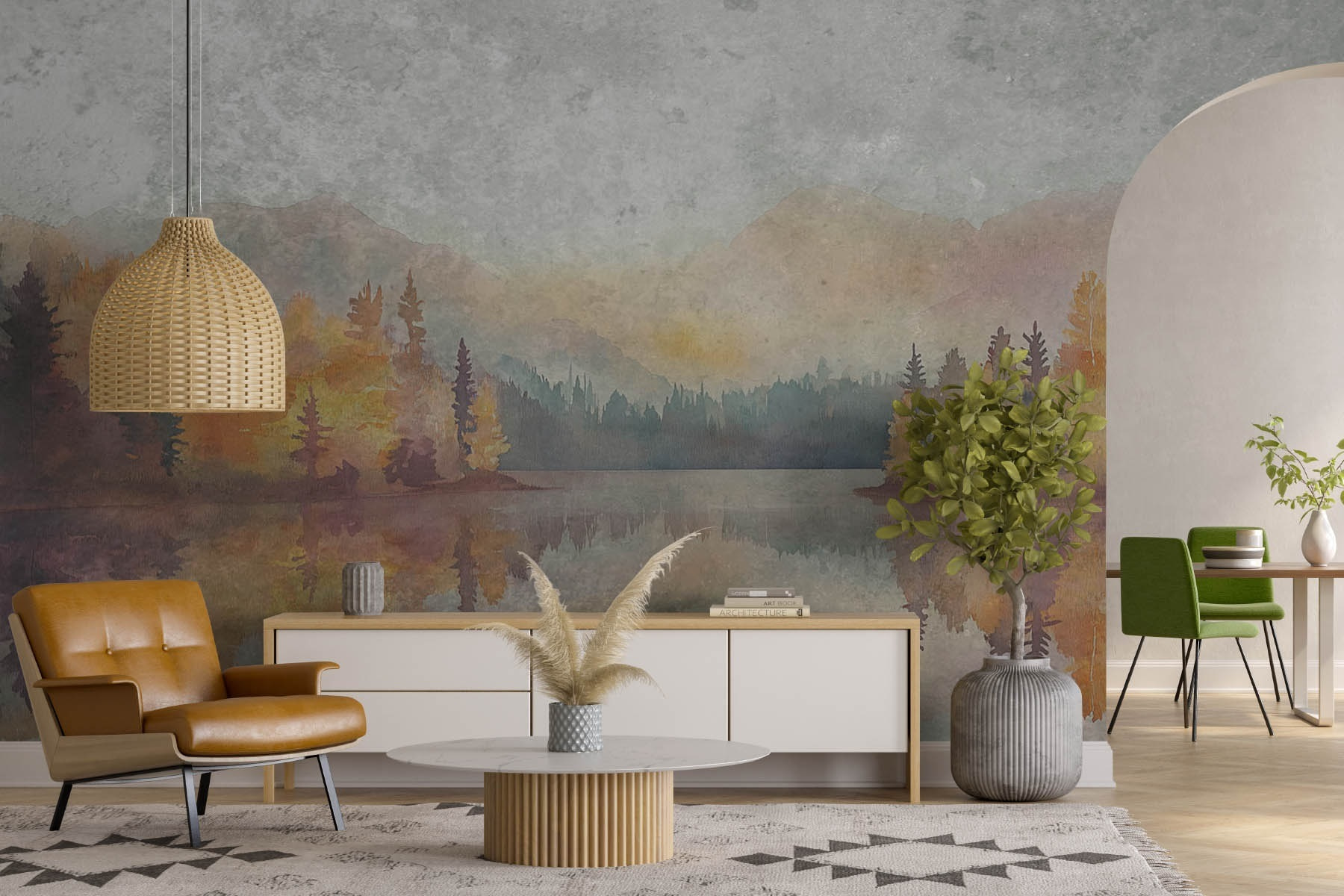 Watercolor painting of a lake with trees and mountains Watercolor painting of a lake with trees and mountains