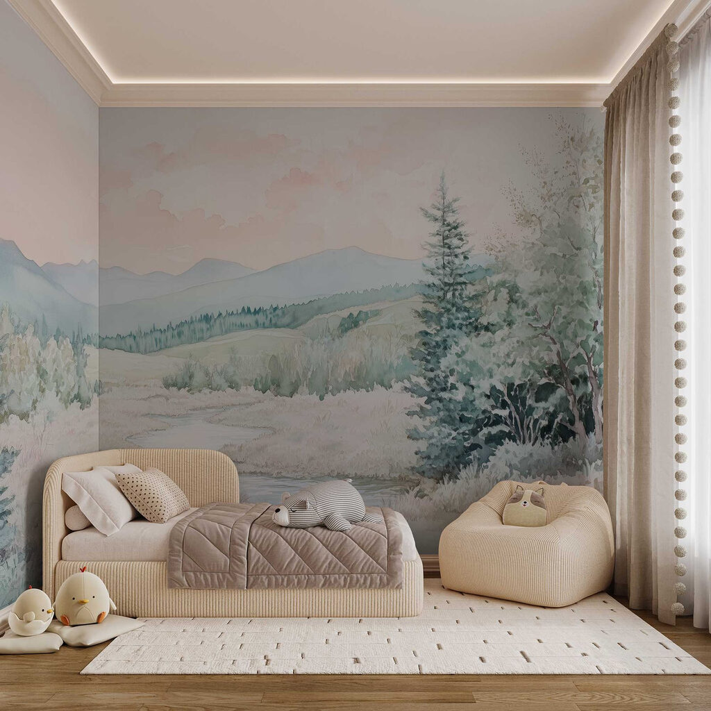 Watercolor painting of a river in a valley