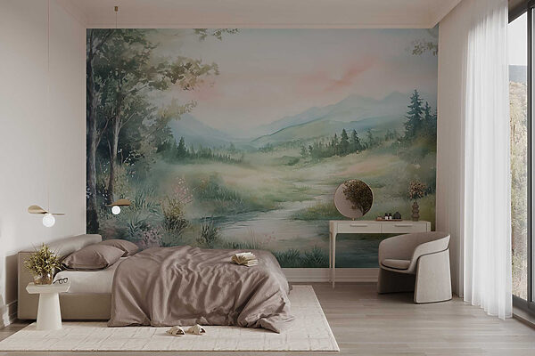 Wall murals Wall murals Watercolor painting of a river running through a valley (SKU: w02764)