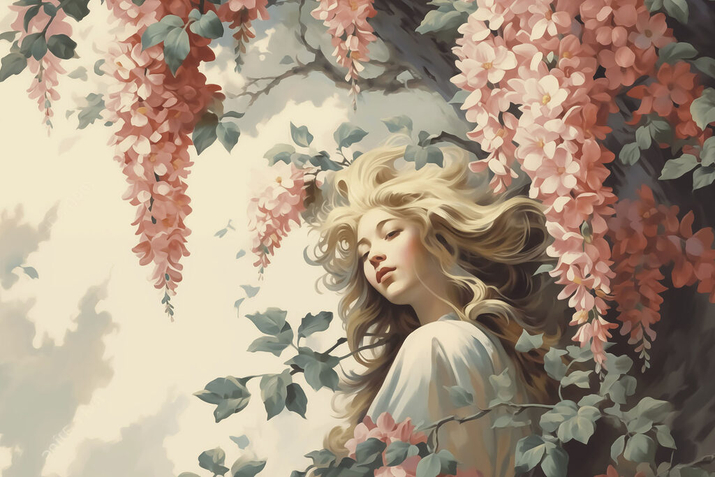 Woman in a tree with flowers Woman in a tree with flowers