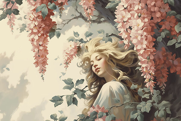 Woman in a tree with flowers Woman in a tree with flowers