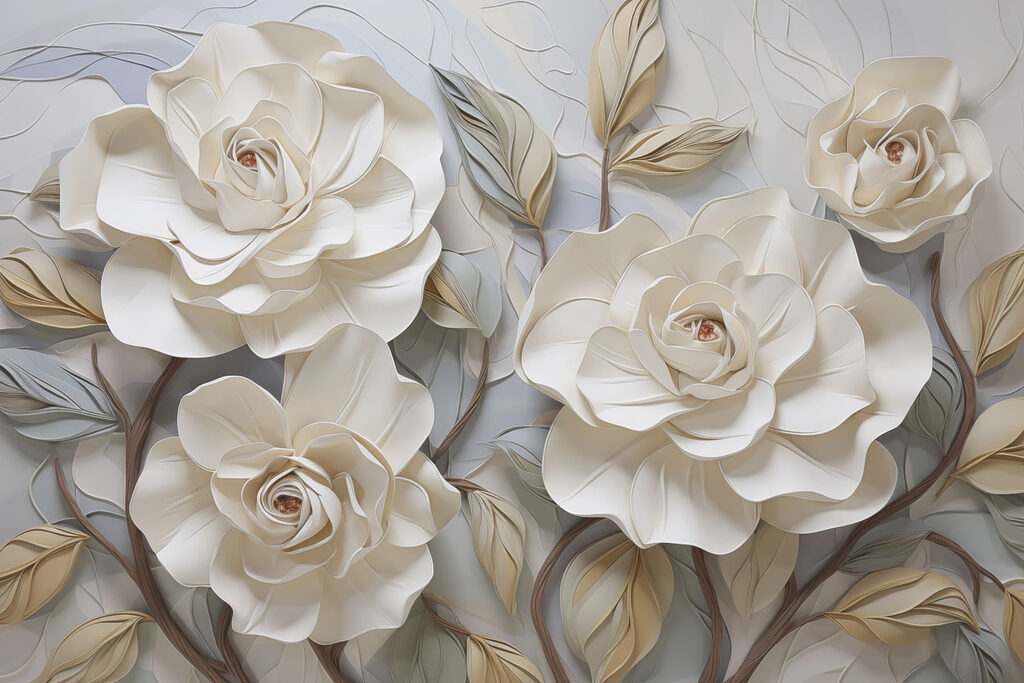 White flowers and leaves on a white surface White flowers and leaves on a white surface