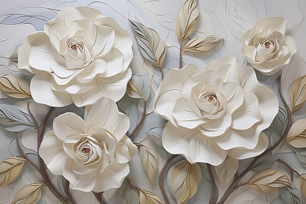 White flowers and leaves on a white surface White flowers and leaves on a white surface