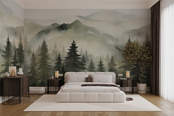 Foggy mountain range with trees Foggy mountain range with trees
