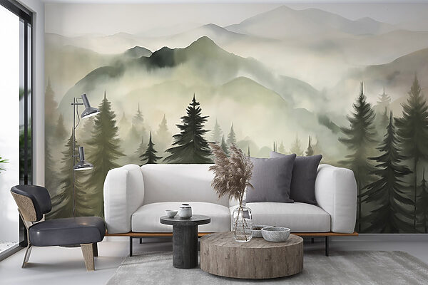 Foggy mountain range with trees Foggy mountain range with trees