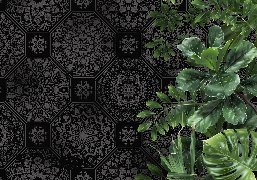Black and grey wallpaper with green leaves Black and grey wallpaper with green leaves
