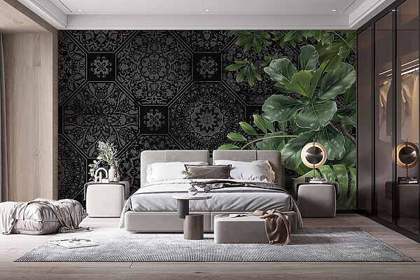 Black and grey wallpaper with green leaves Black and grey wallpaper with green leaves
