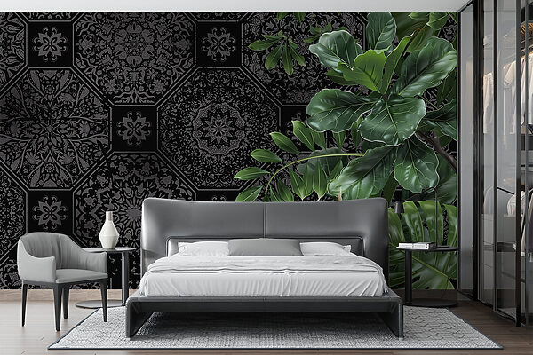 Black and grey wallpaper with green leaves Black and grey wallpaper with green leaves