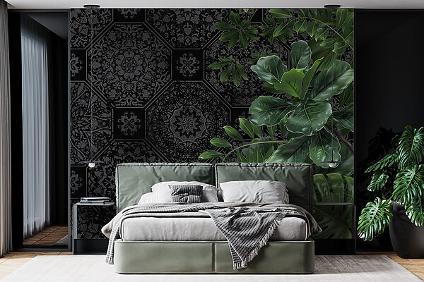 Black and grey wallpaper with green leaves Black and grey wallpaper with green leaves