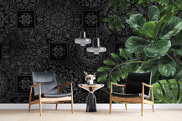 Black and grey wallpaper with green leaves Black and grey wallpaper with green leaves