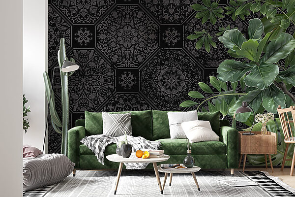 Black and grey wallpaper with green leaves Black and grey wallpaper with green leaves