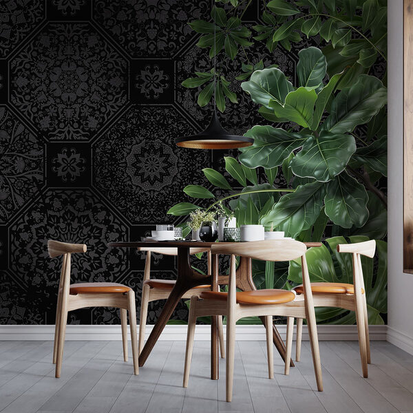 Black and grey wallpaper with green leaves Black and grey wallpaper with green leaves