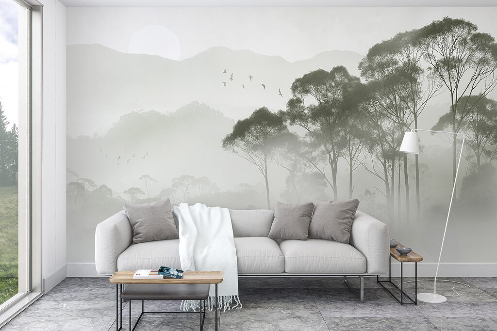 Birds flying over trees