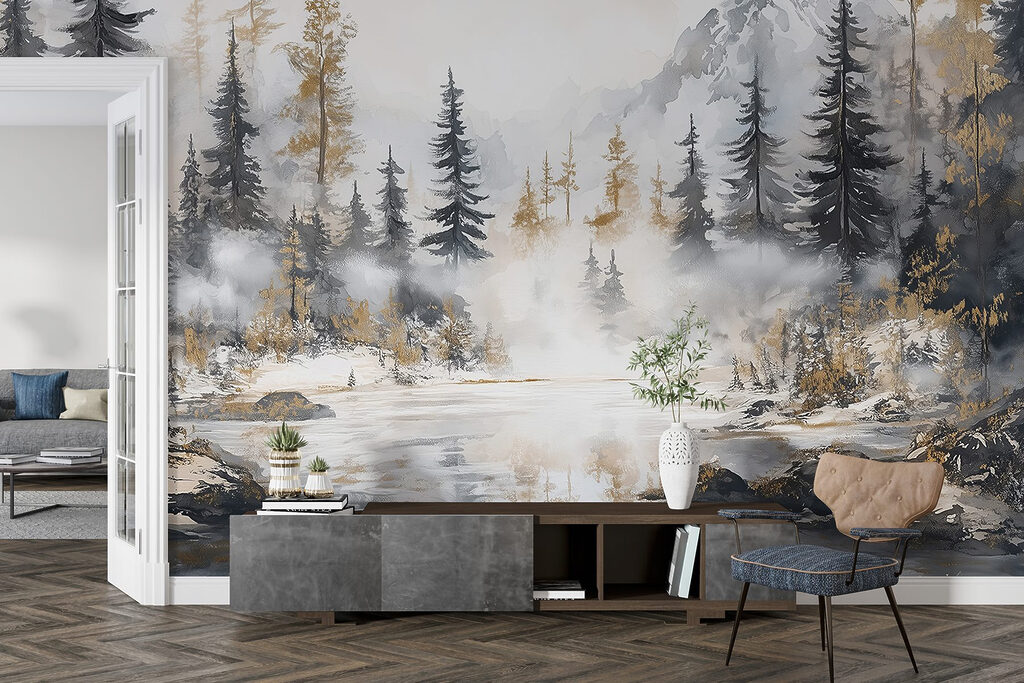 Watercolor painting of a forest and mountains Watercolor painting of a forest and mountains