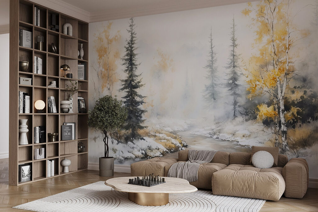 Watercolor painting of a river with trees and snow Watercolor painting of a river with trees and snow