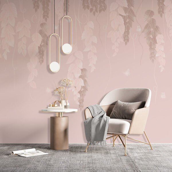 Pink and white background with leaves and butterflies Pink and white background with leaves and butterflies