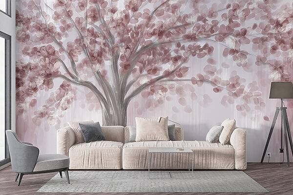 Painting of a tree with pink leaves Painting of a tree with pink leaves
