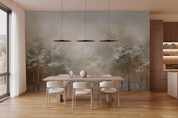 Painting of trees in fog Painting of trees in fog