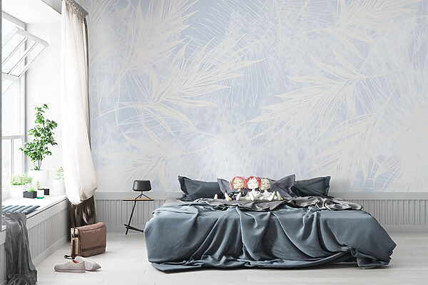 White and blue background with white leaves White and blue background with white leaves