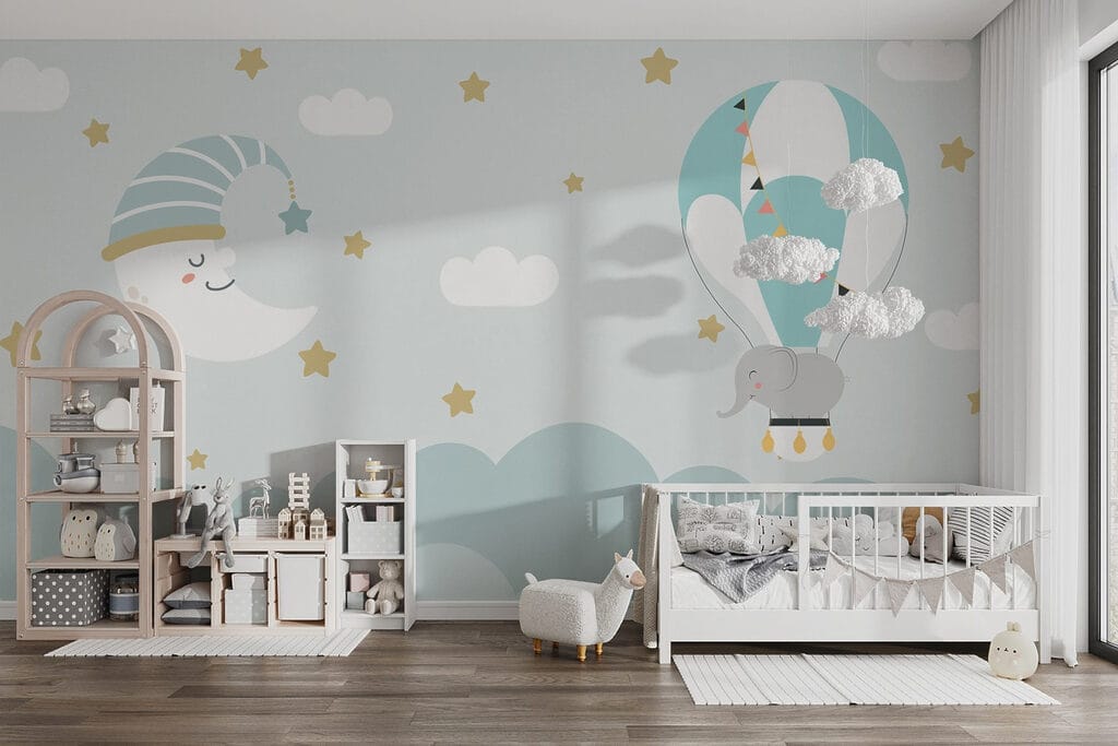 Cartoon elephant and moon in the sky