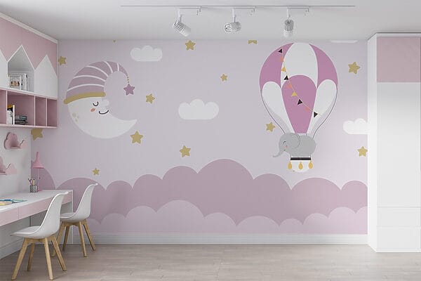 Cartoon elephant and moon in a balloon Cartoon elephant and moon in a balloon
