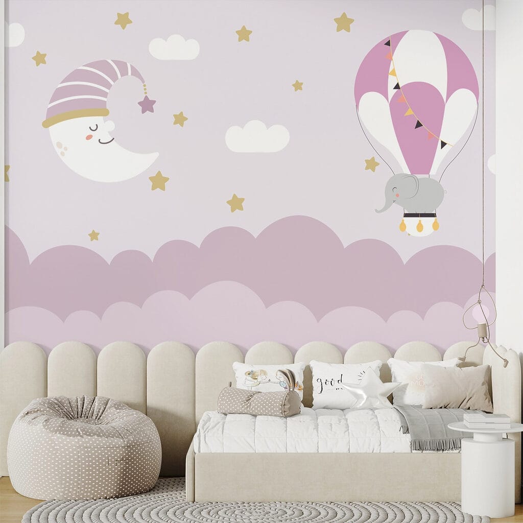 Cartoon elephant and moon in a balloon