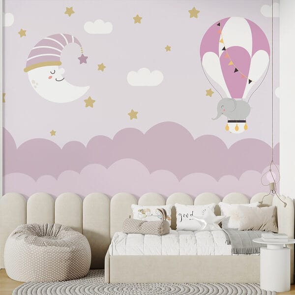 Cartoon elephant and moon in a balloon Cartoon elephant and moon in a balloon
