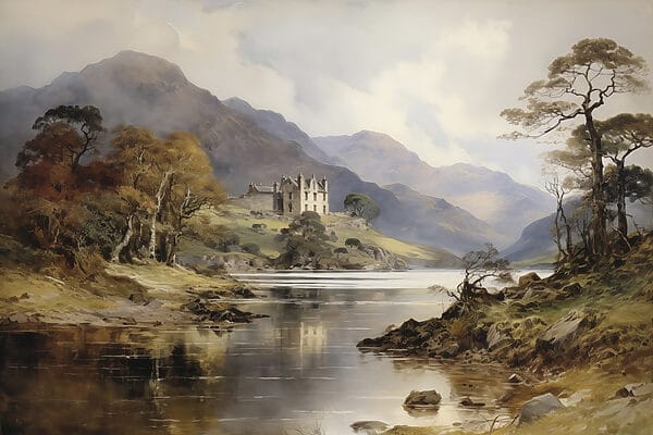 Watercolor painting of a castle on a hill with trees and mountains Watercolor painting of a castle on a hill with trees and mountains