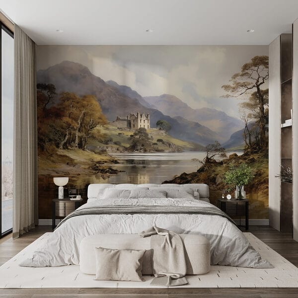 Watercolor painting of a castle on a hill with trees and mountains Watercolor painting of a castle on a hill with trees and mountains