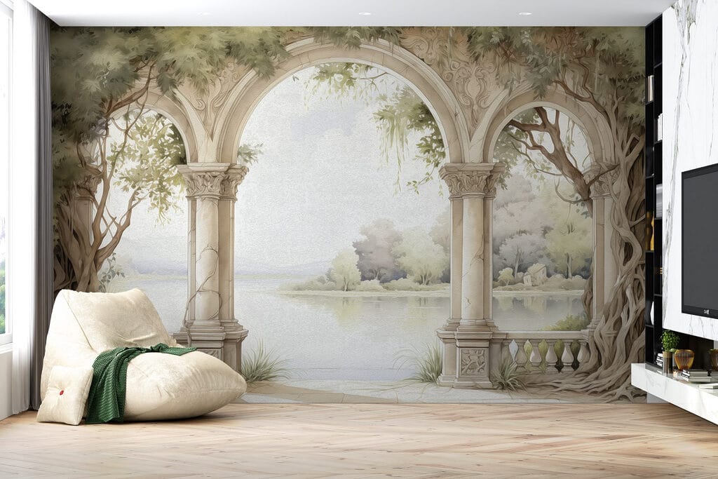 Watercolor painting of a stone archway with trees and a lake Watercolor painting of a stone archway with trees and a lake