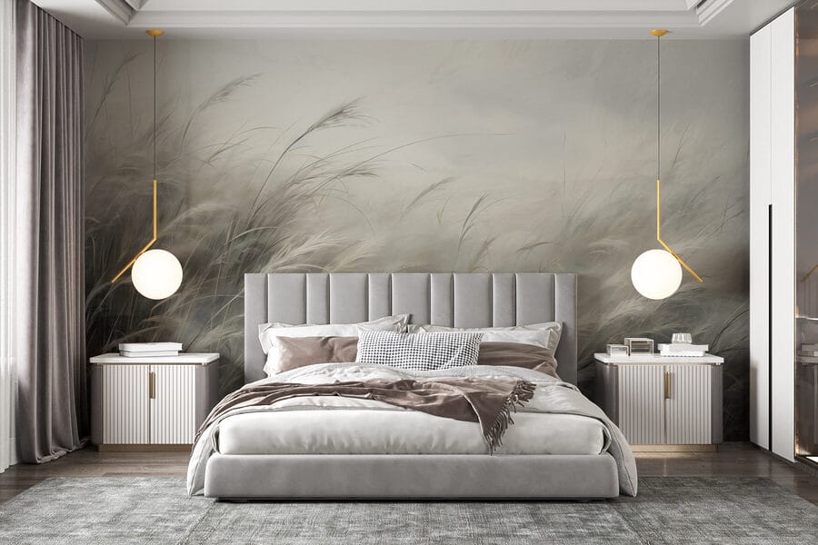 Wall murals Field of grass with white clouds