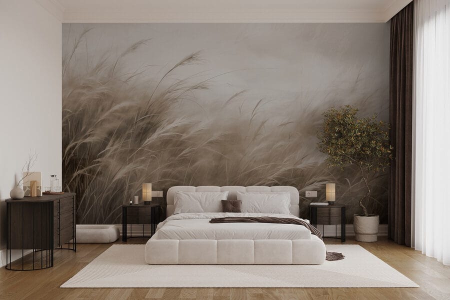 Wall murals Field of grass with a cloudy sky