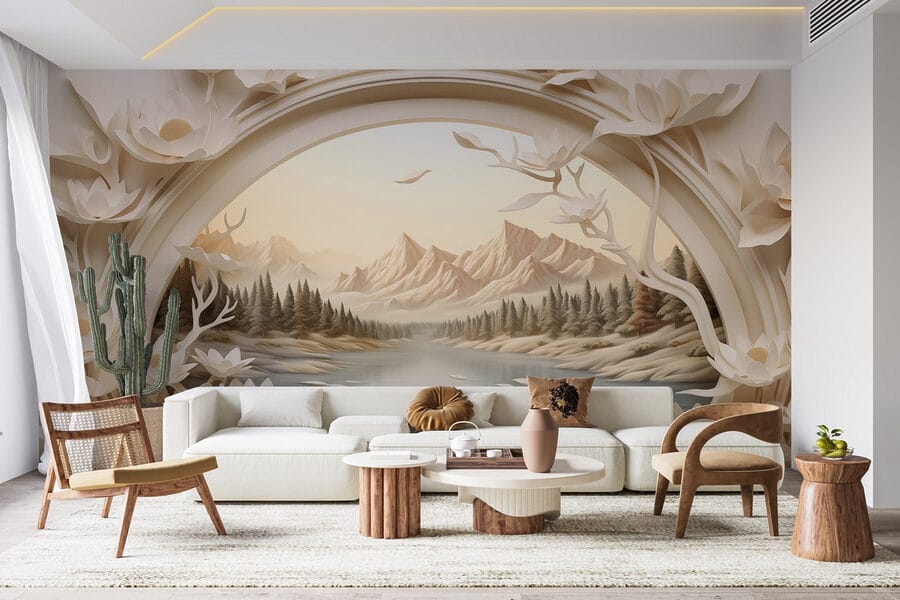 Wallpaper with a river and trees