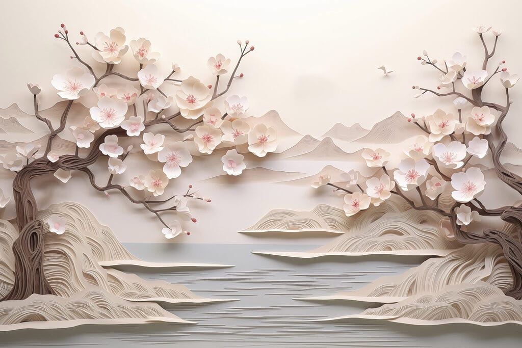 Paper cut out of a tree with flowers and water Paper cut out of a tree with flowers and water