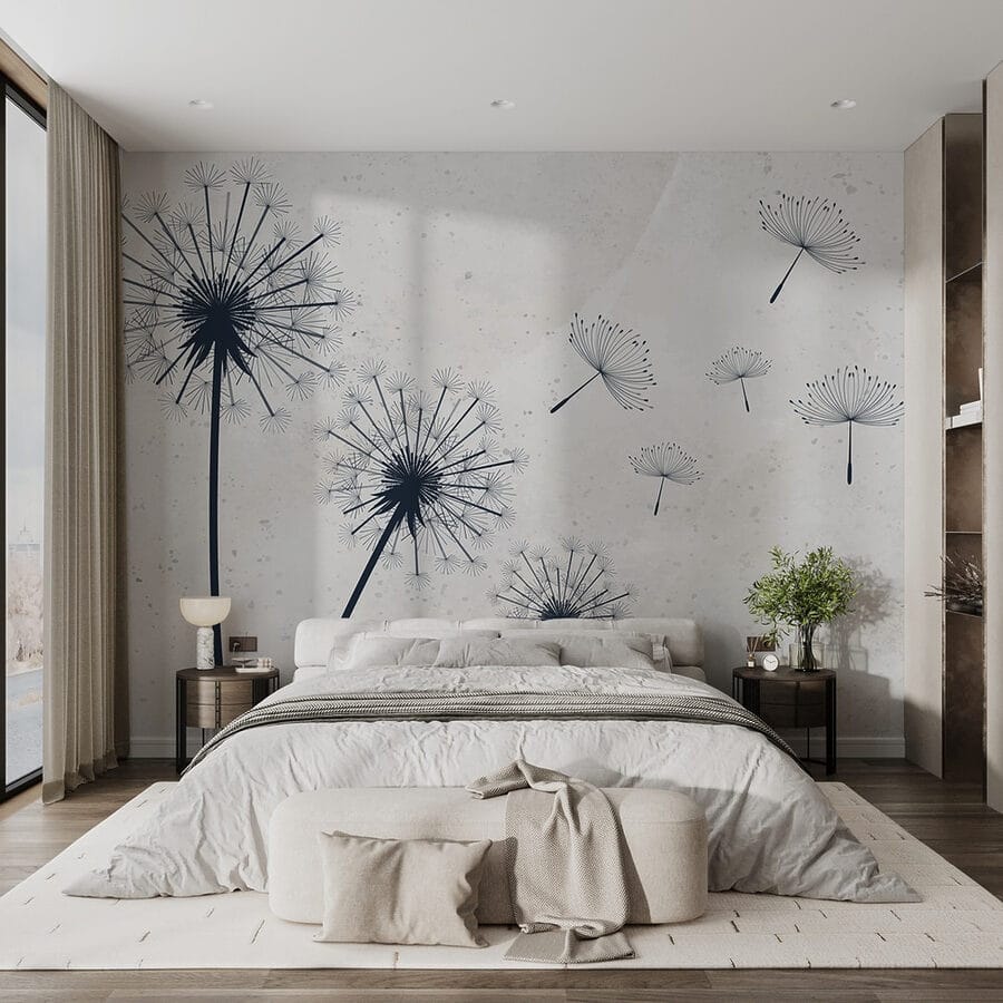 Group of dandelions flying in the air
