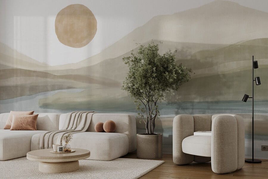 Wall murals Watercolor painting of a river and mountains
