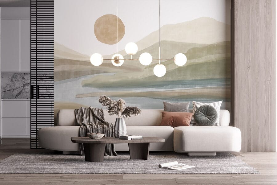 Wall murals Watercolor painting of a river and mountains - Image 2