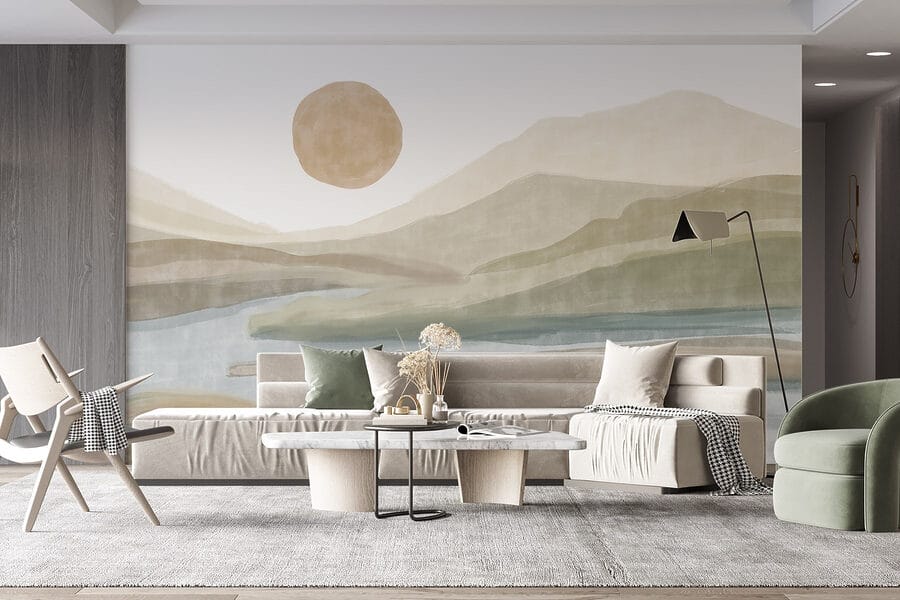 Wall murals Watercolor painting of a river and mountains - Image 4