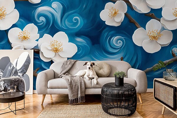 Delicate blooms dancing on blue waves Delicate blooms dancing on blue waves