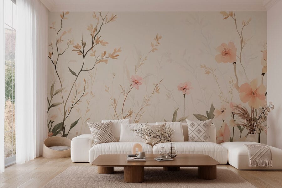 Wallpaper with flowers and leaves