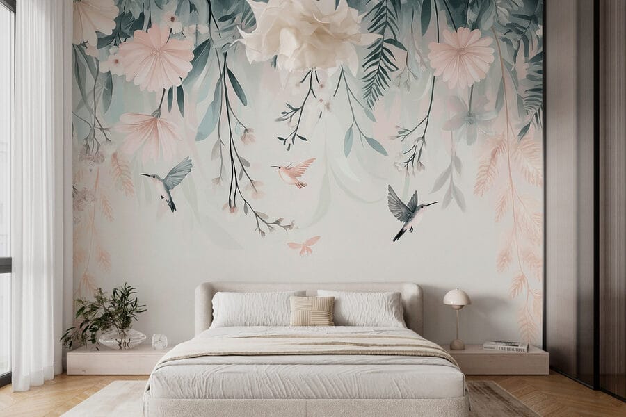 Wall murals Bird flying over flowers